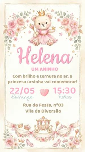 Convite de Aniversário Ursinha Princesa Aquarela Editável