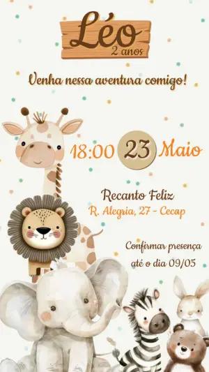 Convite de Aniversário Safari Aquarela Fofo Modelo Editável