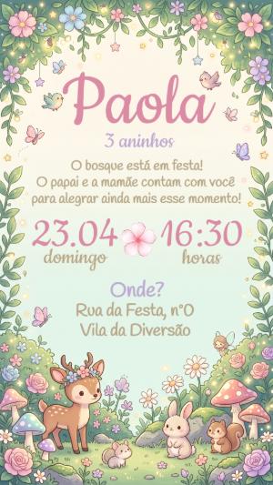 Convite de Aniversário Bosque Encantado Menina Editável