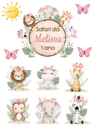 Topper de Bolo Aniversário Safari Menina para Editar e Imprimir