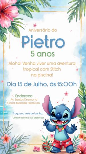Convite Aniversário Stitch Tropical Aquarela para Editar