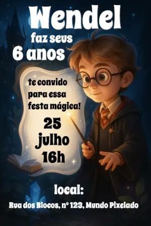 Convite Aniversário Mágico Tema Bruxo para Editar Online