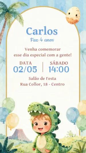 Convite de Aniversário Dinossauro Fofo em Aquarela para Editar
