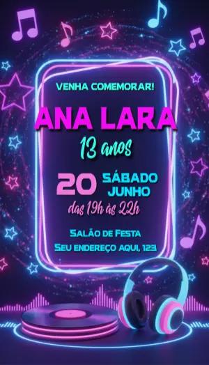 Convite de Aniversário Balada Neon Musical para Editar