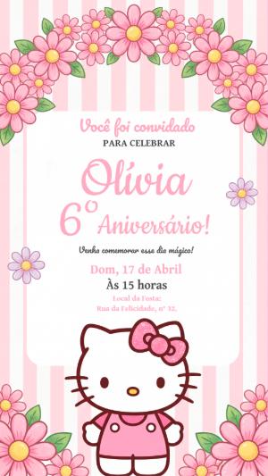 Convite de Aniversário Hello Kitty Rosa e Floral Editável