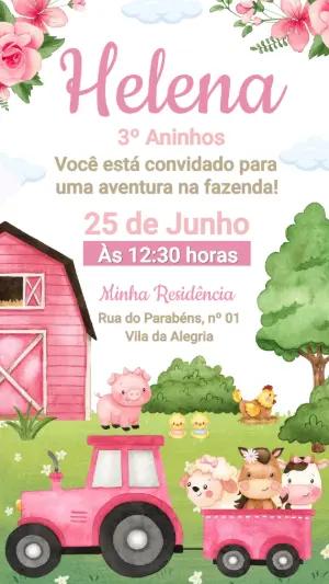 Convite de Aniversário Fazendinha Rosa Aquarela Editável