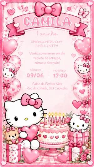 Convite de Aniversário Hello Kitty Rosa Editável