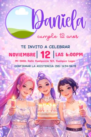 Invitación de Cumpleaños Las Guerreras K-Pop para Editar