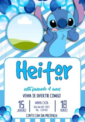 Convite de Aniversário Stitch Azul com Foto para Editar