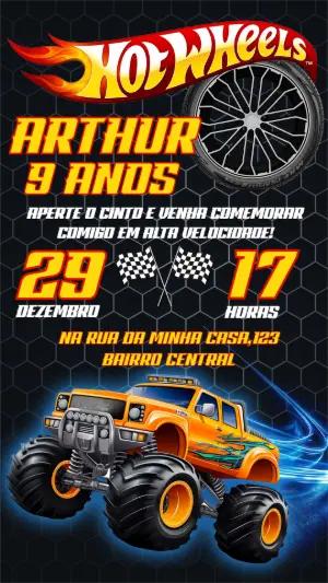 Convite de Aniversário Hot Wheels Monster Truck para Editar