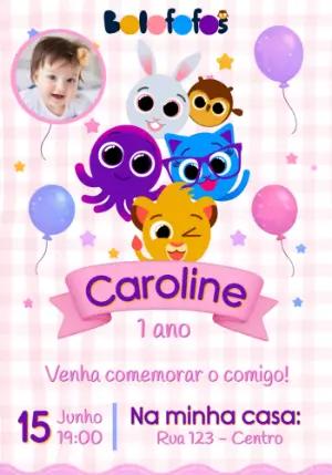 Convite de Aniversário Bolofofos Menina com Foto para Editar