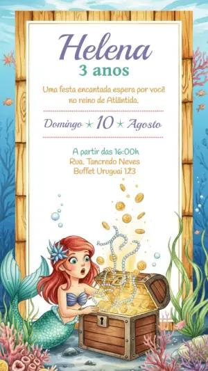 Convite Aniversário Pequena Sereia com Ariel para Editar