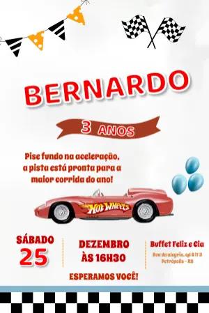 Convite de Aniversário Hot Wheels Carro de Corrida Editável