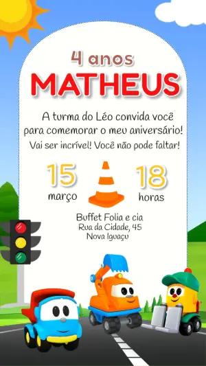 Convite Aniversário Léo o Caminhão para Editar Online