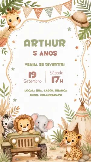 Convite de Aniversário Safari Baby Digital para Editar