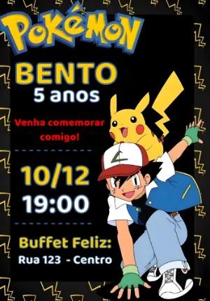 Convite de Aniversário Pokémon com Ash e Pikachu para Editar