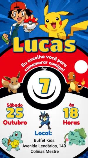 Convite de Aniversário Pokémon com Personagens para Editar Online