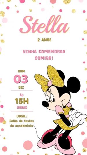 Convite de Aniversário Minnie Rosa e Dourado para Editar