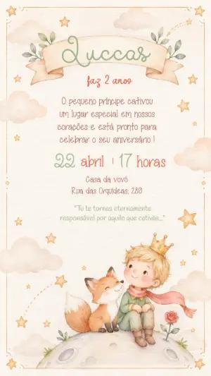 Convite de Aniversário O Pequeno Príncipe Aquarela Editável