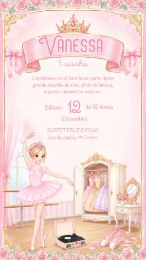 Convite de Aniversário Princesa Bailarina Rosa Editável