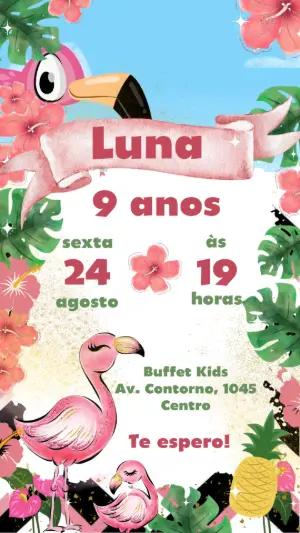 Convite Animado Aniversário Flamingo Tropical para Editar Online