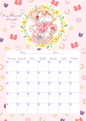 Planner Mensal Fofo Tema Anime Rosa Modelo Editável