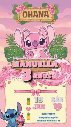 Convite Aniversário Angel e Stitch Rosa Tropical Editável