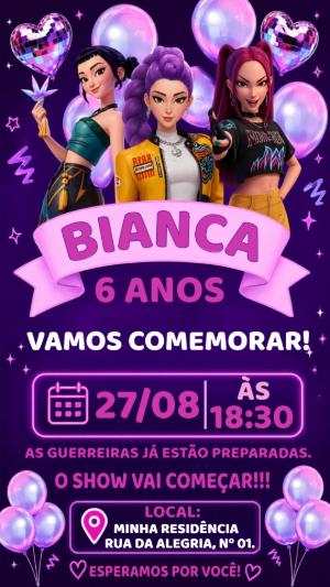 Convite de Aniversário K-pop Guerreiras Editável