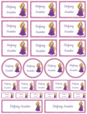 Etiquetas Escolares Rapunzel Roxo e Dourado para Editar