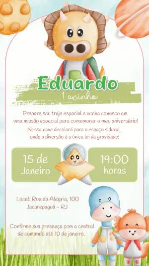 Convite Aniversário Dino Astronauta Aquarela Editável