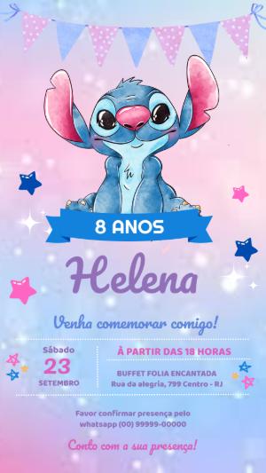 Convite de Aniversário Stitch Aquarela Fofo para Editar
