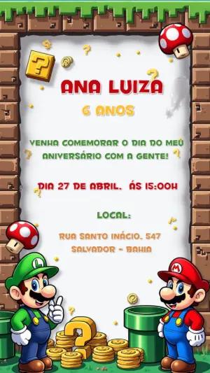 Convite Aniversário Super Mario com Personagens para Editar