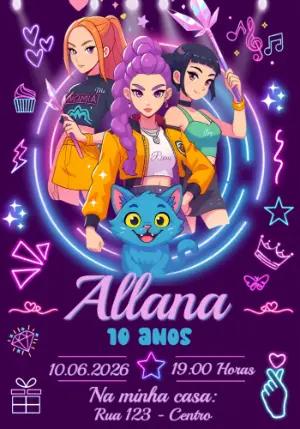 Convite de Aniversário Guerreiras do K-Pop para Meninas