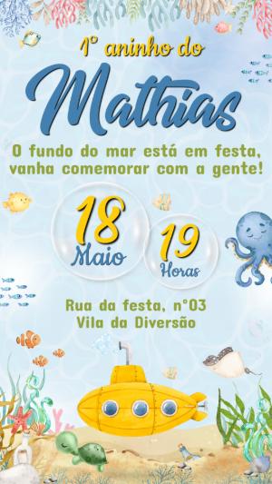Convite de Aniversário Fundo do Mar com Submarino Editável