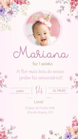 Convite de Aniversário 1 Ano Floral com Foto para Editar