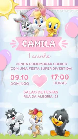 Convite Aniversário Baby Looney Tunes para Editar Online