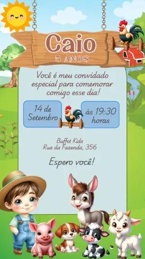 Convite Aniversário Fazendinha com Animais para Editar Online