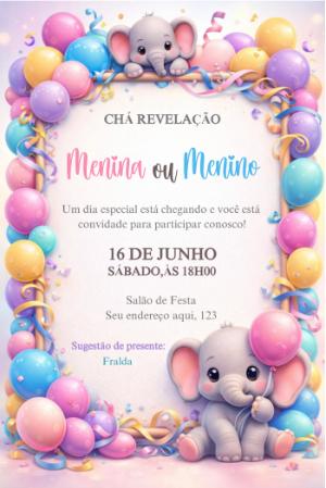 Convite Chá Revelação Elefantinho Fofo com Balões Editável