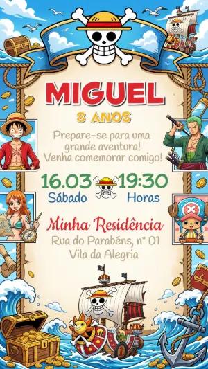 Convite de Aniversário One Piece Aventura Pirata Editável