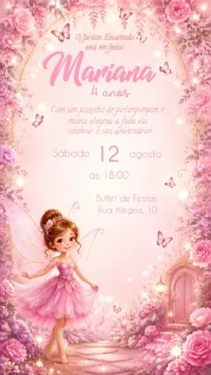 Convite de Aniversário Fada Jardim Encantado Editável