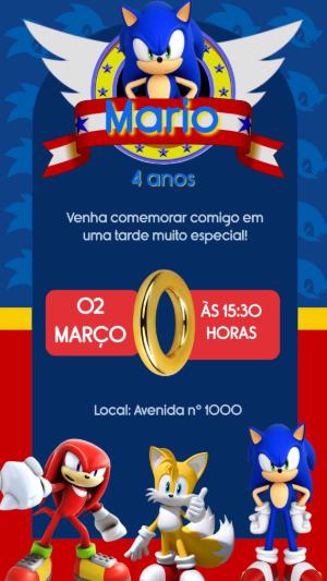 Convite de Aniversário Sonic e Amigos Modelo Digital para Editar