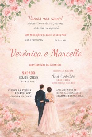 Convite de Casamento Floral Rosa Aquarela Editável
