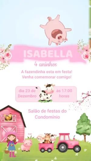 Convite Animado Aniversário Fazendinha Rosa para Editar Online