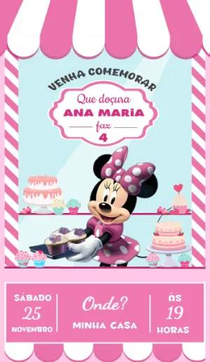 Convite Animado Minnie Confeitaria Rosa para Editar e Enviar