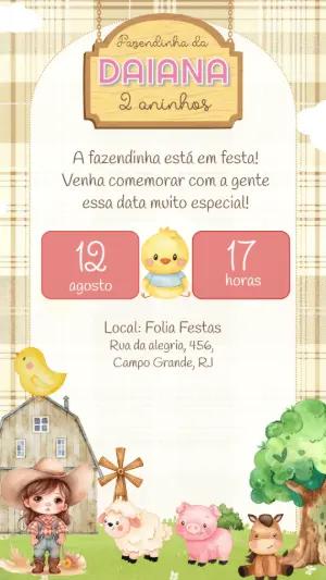 Convite Fazendinha Menina com Animais para Editar Online