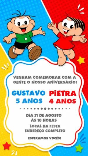 Convite de Aniversário Duplo Turma da Mônica para Editar