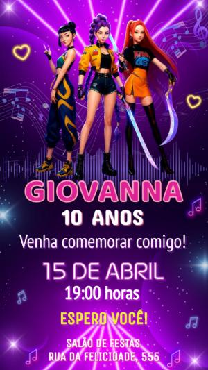 Convite Aniversário Guerreiras K Pop para Editar Online