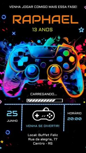 Convite de Aniversário Gamer Neon Editável para Celular