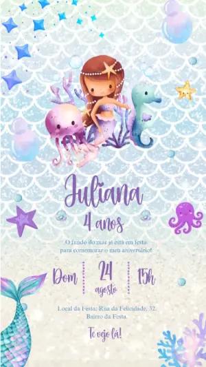 Convite Animado Aniversário Sereia Aquarela para Editar Online