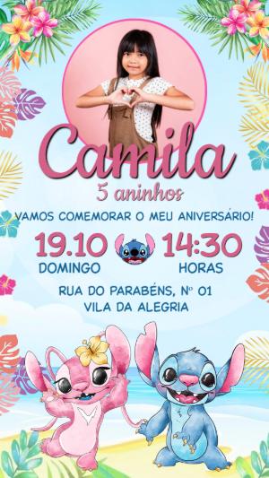 Convite de Aniversário Stitch e Angel Aquarela com Foto Editável